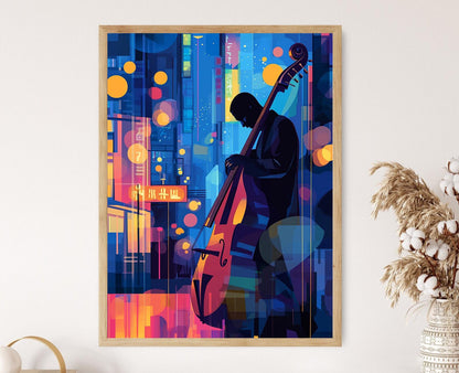 Affiche Jazz Bassiste – Illustration Urbaine d'Art Musical Néon