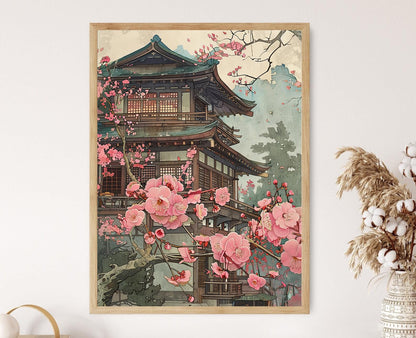 Affiche Art Japonais Inspiré – Temple en Fleurs de Cerisier