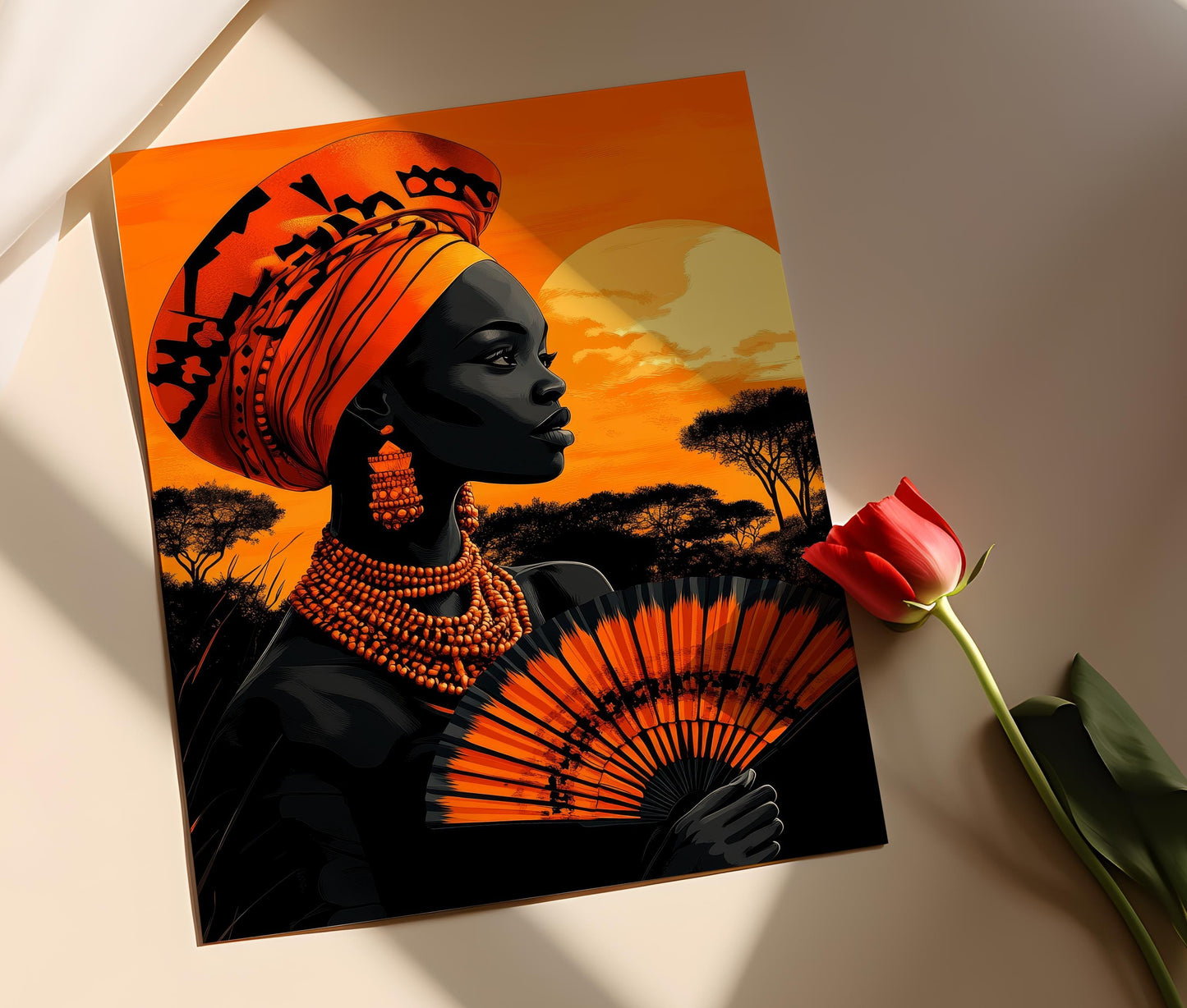 Affiche Femme Zoulou – Illustration Art Populaire Africaine avec Éventail Perlé