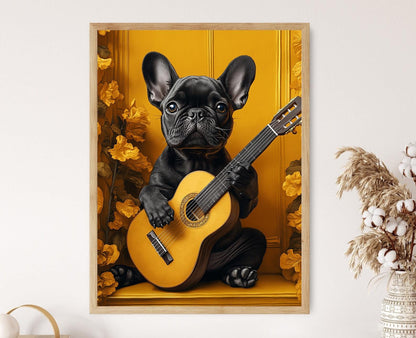 Affiche Bulldog Français Jouant de la Guitare – Poster Humour Animalier
