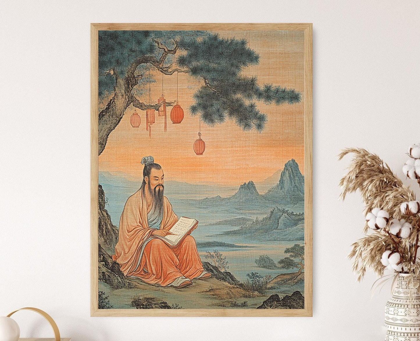 Affiche Confucius : Arbre de pin, lanternes et coucher de soleil