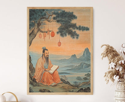 Affiche Confucius : Arbre de pin, lanternes et coucher de soleil
