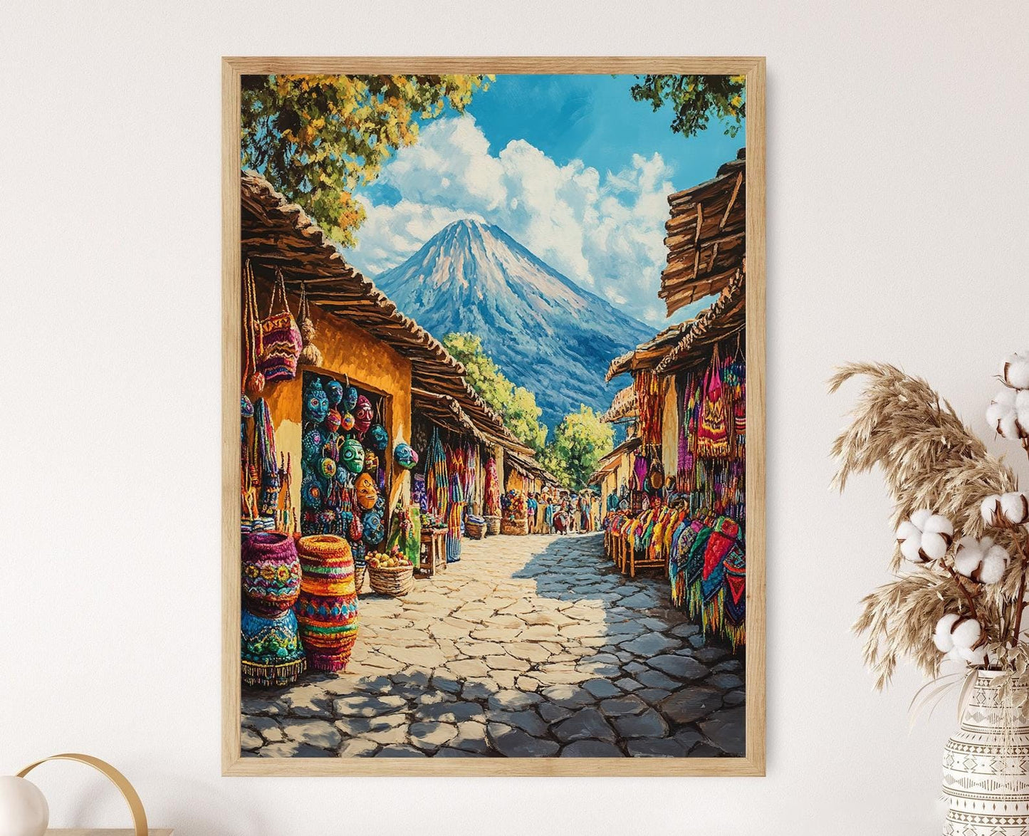 Affiche Marché Guatémaltèque – Poster Art Textiles et Masques Mayas