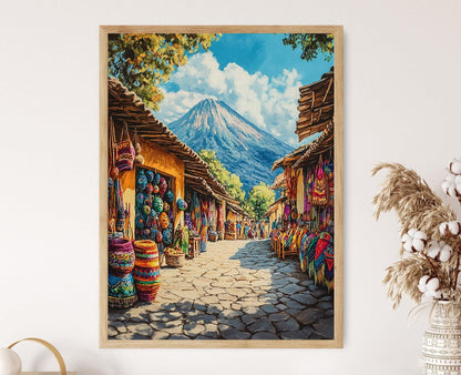 Affiche Marché Guatémaltèque – Poster Art Textiles et Masques Mayas