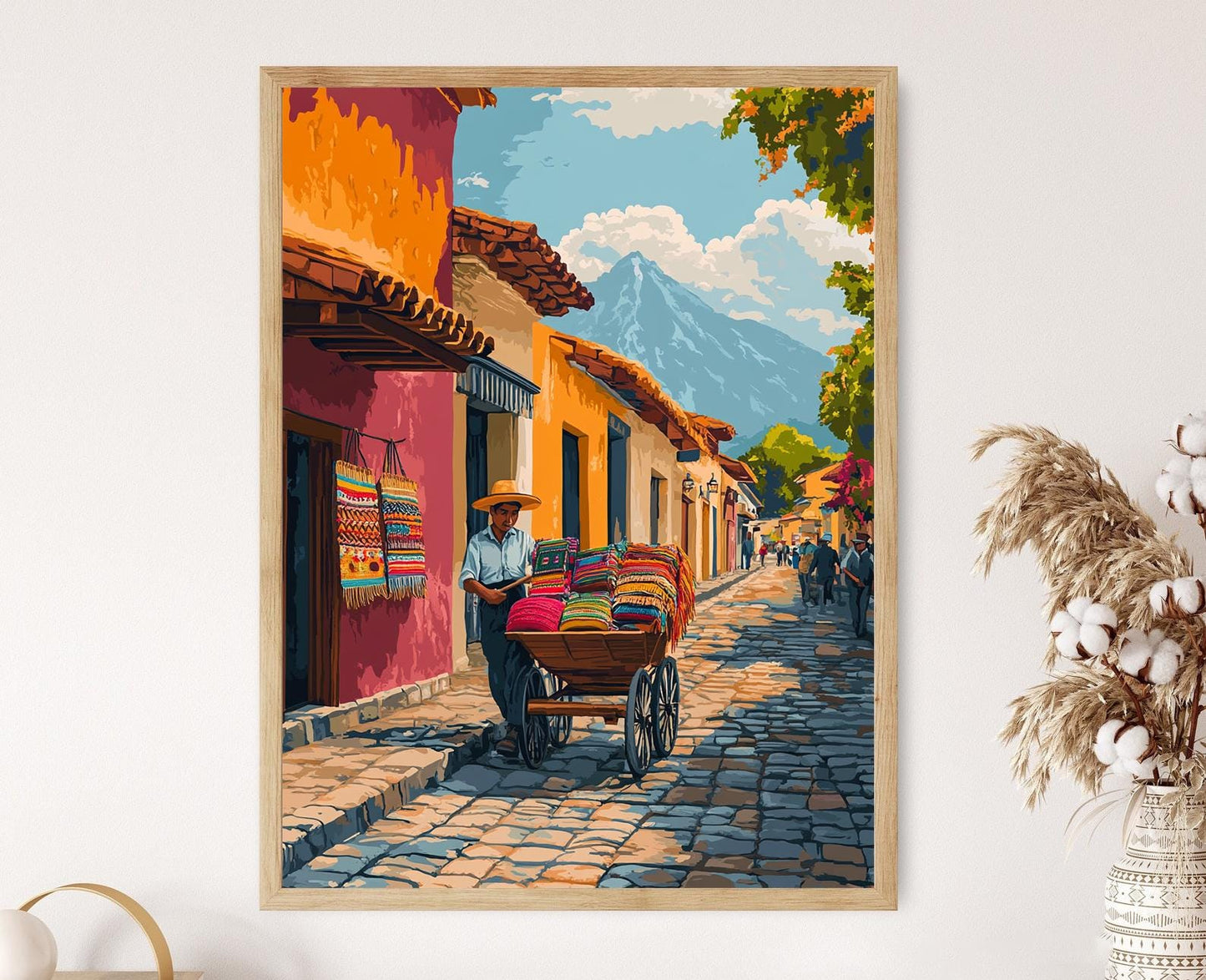 Affiche Marchand de Rue Antigua – Illustration Textiles Mayas et Artisanat