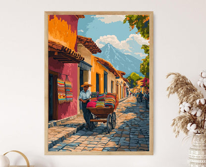 Affiche Marchand de Rue Antigua – Illustration Textiles Mayas et Artisanat