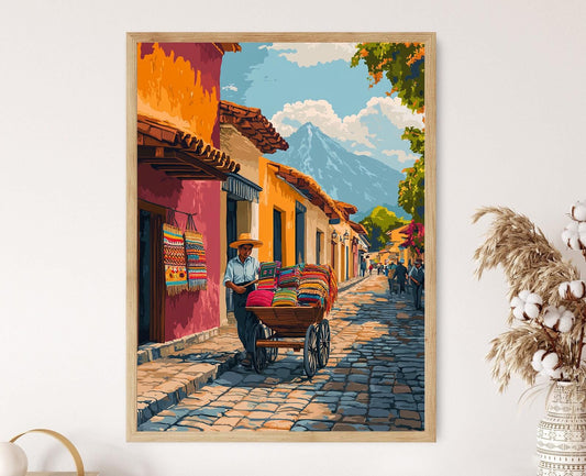 Affiche Marchand de Rue Antigua – Illustration Textiles Mayas et Artisanat
