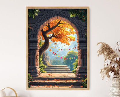 Affiche Arbre Bodhi – Poster Fenêtre Indienne avec Cloches de Temple