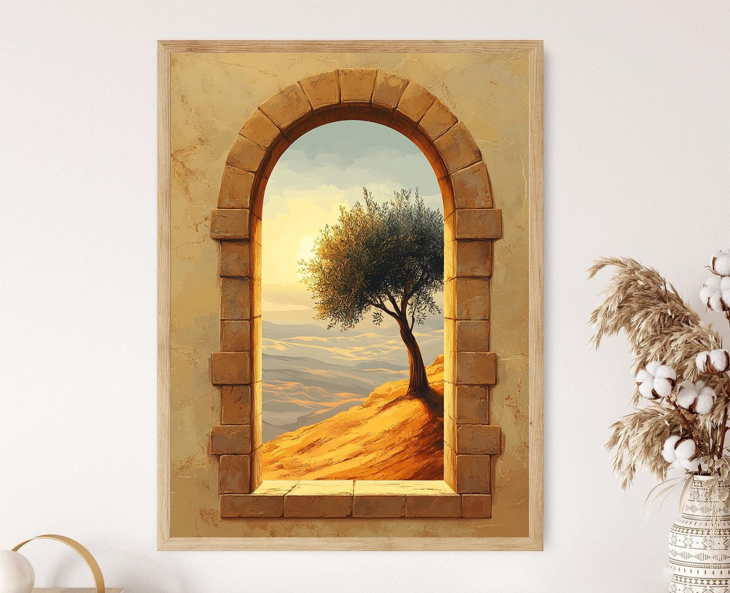 Affiche Fenêtre du Moyen-Orient – Poster Arbre d'Olivier Sacré sur Colline Désertique