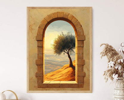 Affiche Fenêtre du Moyen-Orient – Poster Arbre d'Olivier Sacré sur Colline Désertique