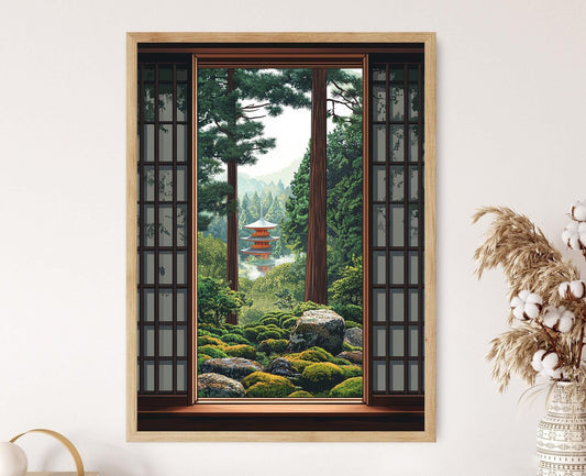 Affiche Forêt Sacrée – Vue en Bois d'un Sanctuaire Japonais