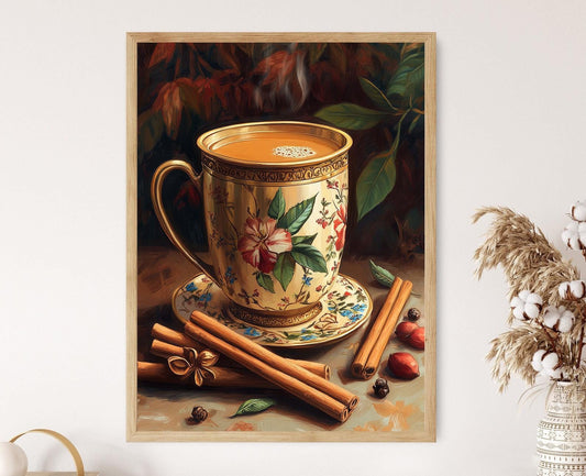 Affiche Chai Indien – Poster Art Floral en Tasse en Laiton