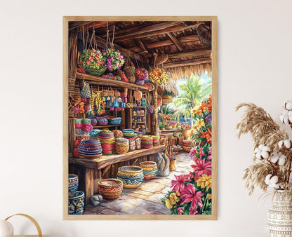 Affiche Polynésienne – Impression Art de Pareo et Bols en Bois