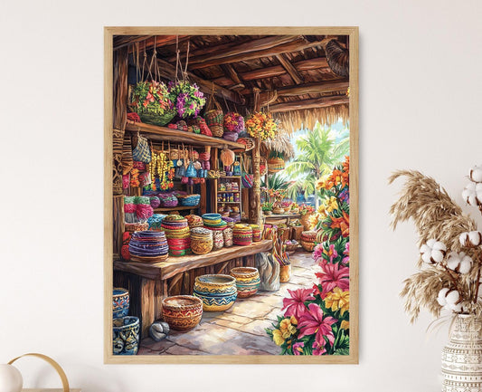 Affiche Polynésienne – Impression Art de Pareo et Bols en Bois