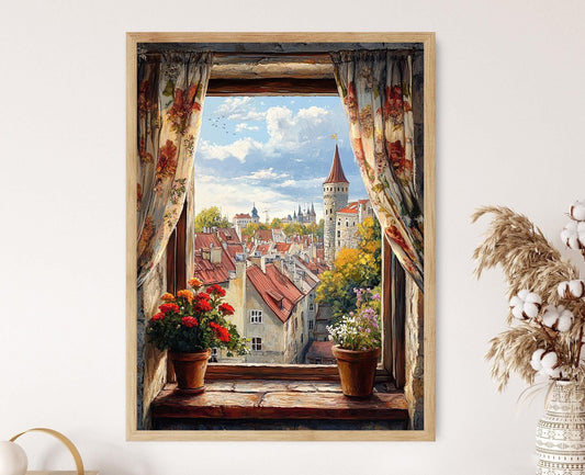 Affiche Tallinn – Poster Vue médiévale avec rideaux brodés