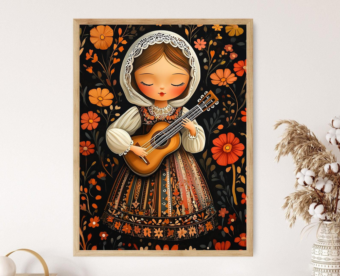 Affiche Fille Lituanienne – Illustration Costume Folklorique au Ukulélé