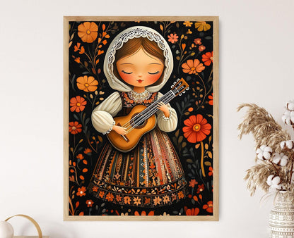 Affiche Fille Lituanienne – Illustration Costume Folklorique au Ukulélé