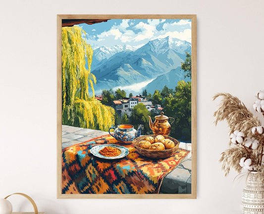 Affiche Scène de Toit de Srinagar – Art du Petit-Déjeuner Hivernal Kashmiri