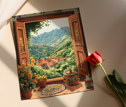 Affiche Tizi Ouzou – Illustration en bois avec motifs kabyles et vue montagne