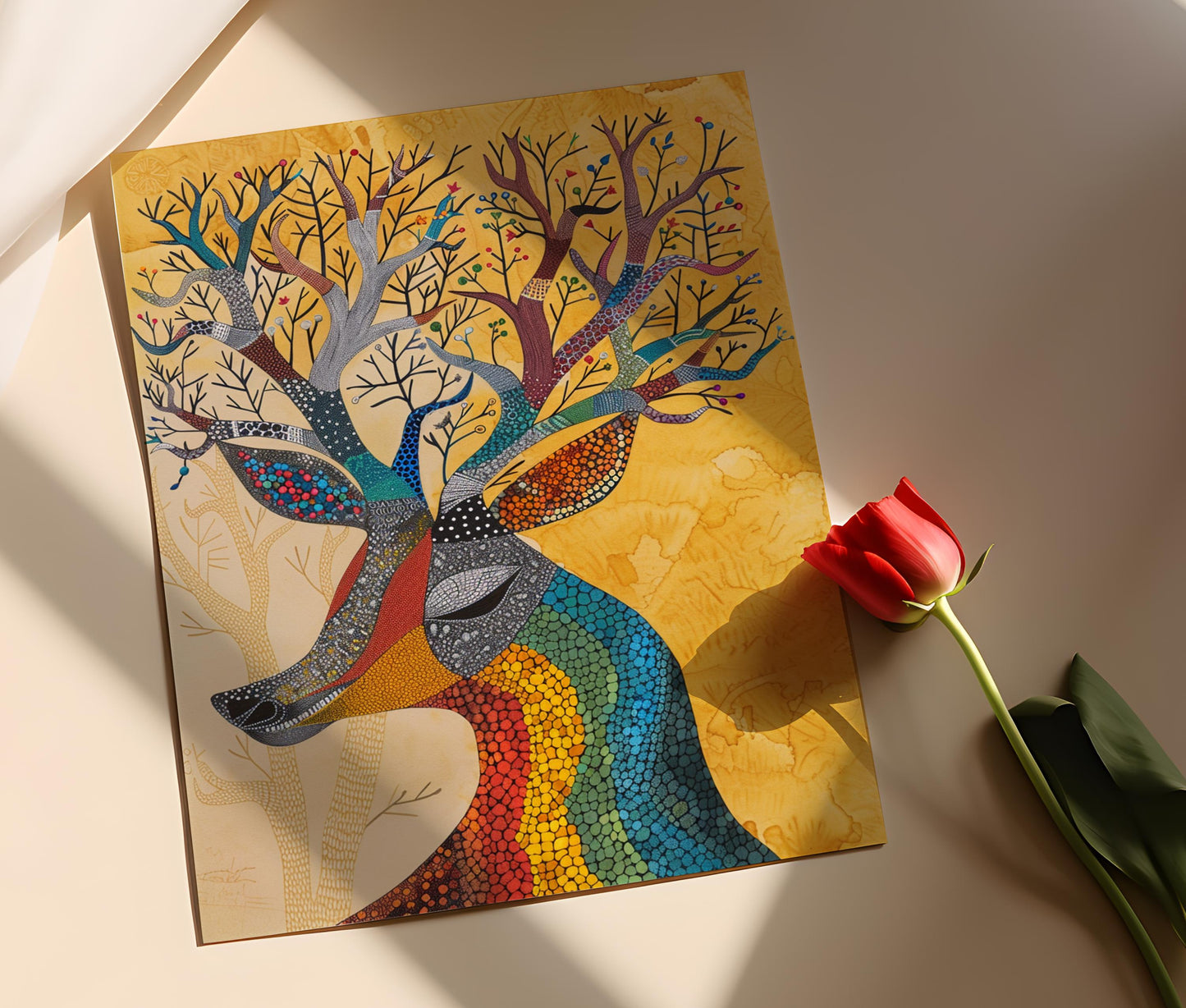 Affiche Cerf Gond – Art Tribal Indien, Décor Mur Madhya Pradesh