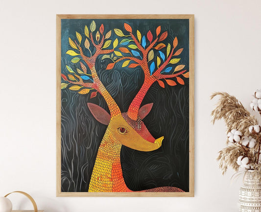 Affiche Cerf Gond – Poster Art Populaire Indienne Artisanale
