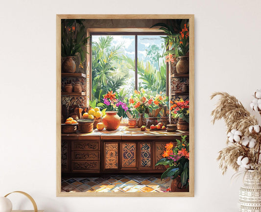 Affiche Cuisine Indonésienne – Poster Décor Tissu Ikat et Ustensiles en Bois