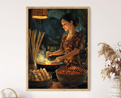Affiche Femme Indonésienne Cuisinant Satay – Illustration Cuisine Traditionnelle