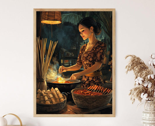 Affiche Femme Indonésienne Cuisinant Satay – Illustration Cuisine Traditionnelle