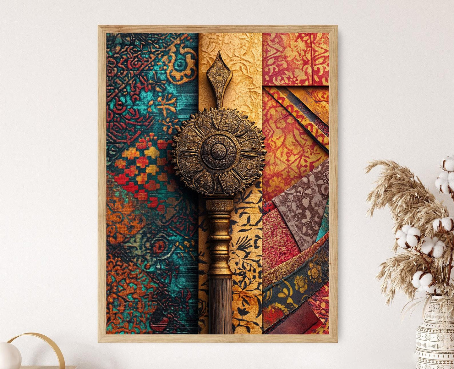 Affiche Artisanat Textile – Poster Art Indonésien en Bois et Laiton