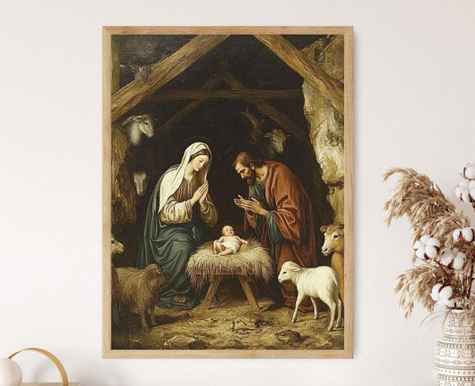 Affiche Crèche – Art Print Famille Sainte dans l'Étable, Décor de Noël