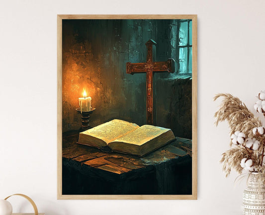 Affiche Bible Sacrée – Art Print Page Ouverte avec Bougie et Sagesse Chrétienne