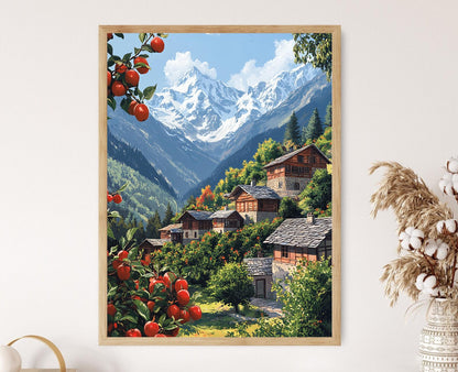 Affiche Art de Village Himachal – Impression des Montagnes et Verger de Pommes