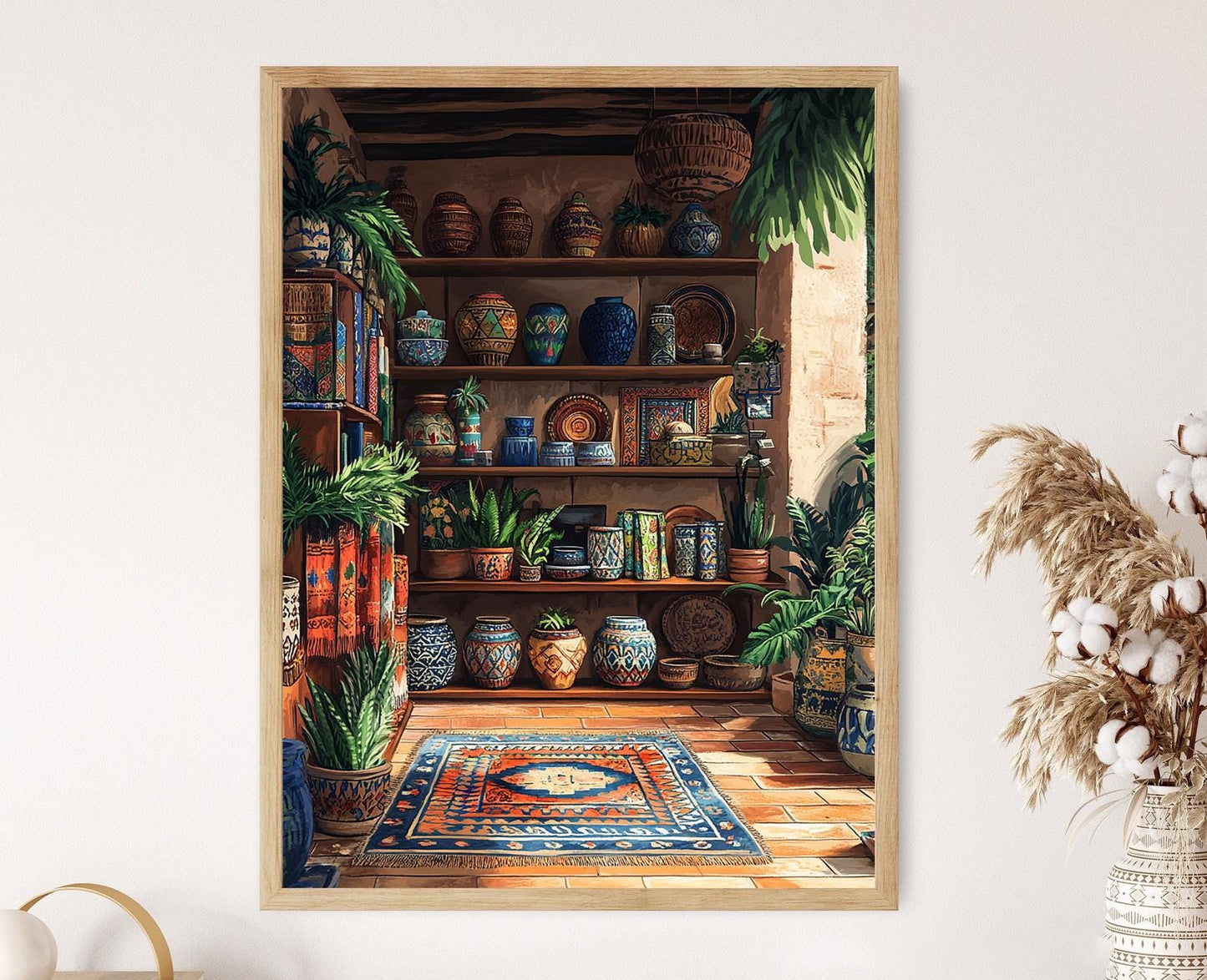 Affiche Surabaya – Illustration de poterie et décor textile Ikat