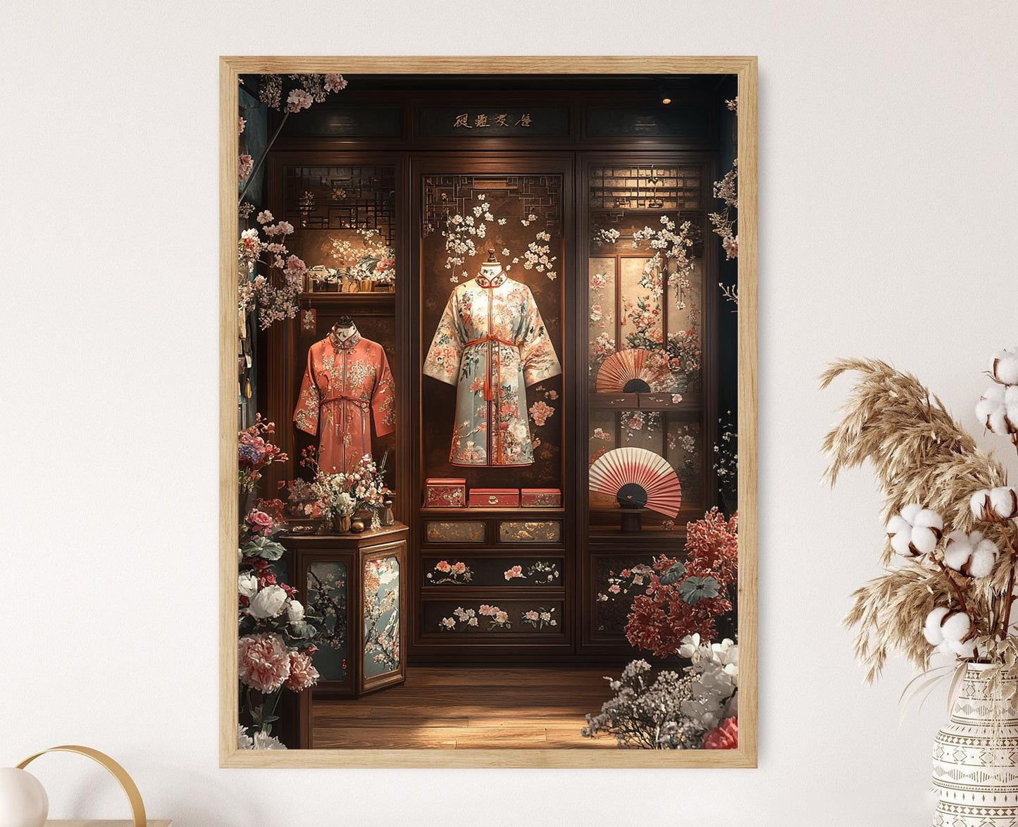 Affiche Décor Chinoise – Illustration de Robe Brodée et Éventail