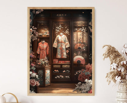 Affiche Décor Chinoise – Illustration de Robe Brodée et Éventail