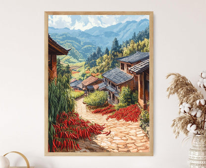 Affiche Sichuan Village – Décor Bamboo Grove, Illustration Paysage Chinois