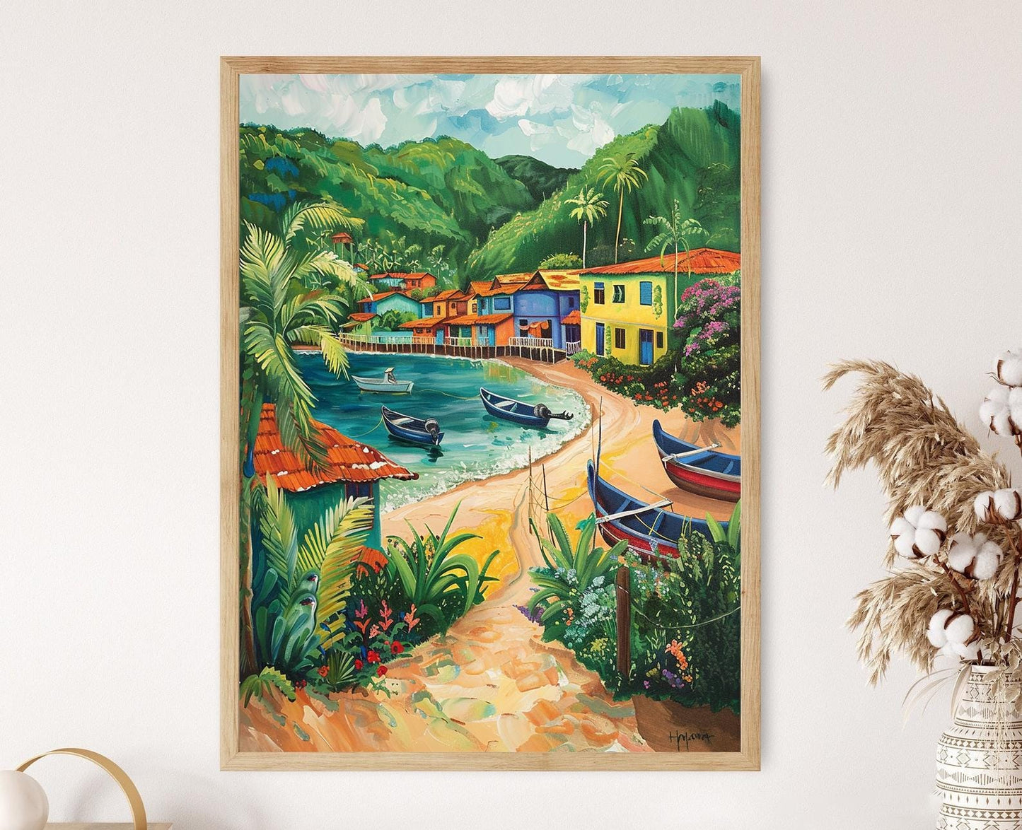 Affiche Village Côtier Équatorien – Impression Art de Canoa avec Cabines Colorées et Bateaux de Pêche