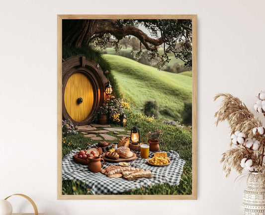 Affiche Hobbiton – Illustration de pique-nique dans un décor fantastique