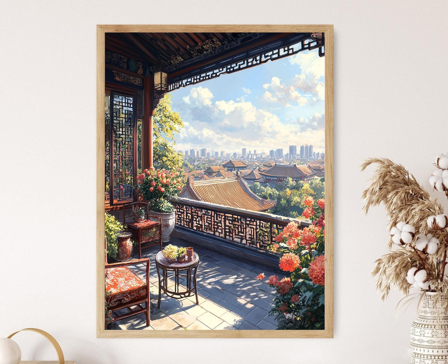 Affiche Art Patio Pékin – Poster Décor Écran de Lattice Rouge