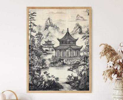 Affiche Chinoiserie – Impression de paysage avec pagodes et montagnes