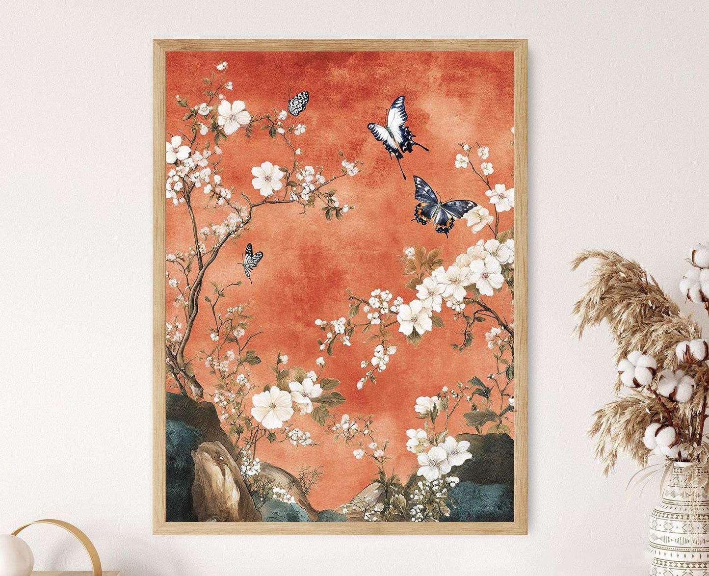 Affiche Jardin Chinoiserie – Impression Art, Papillons et Fleurs, Décor Élégant