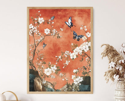 Affiche Jardin Chinoiserie – Impression Art, Papillons et Fleurs, Décor Élégant