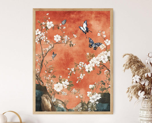 Affiche Jardin Chinoiserie – Impression Art, Papillons et Fleurs, Décor Élégant