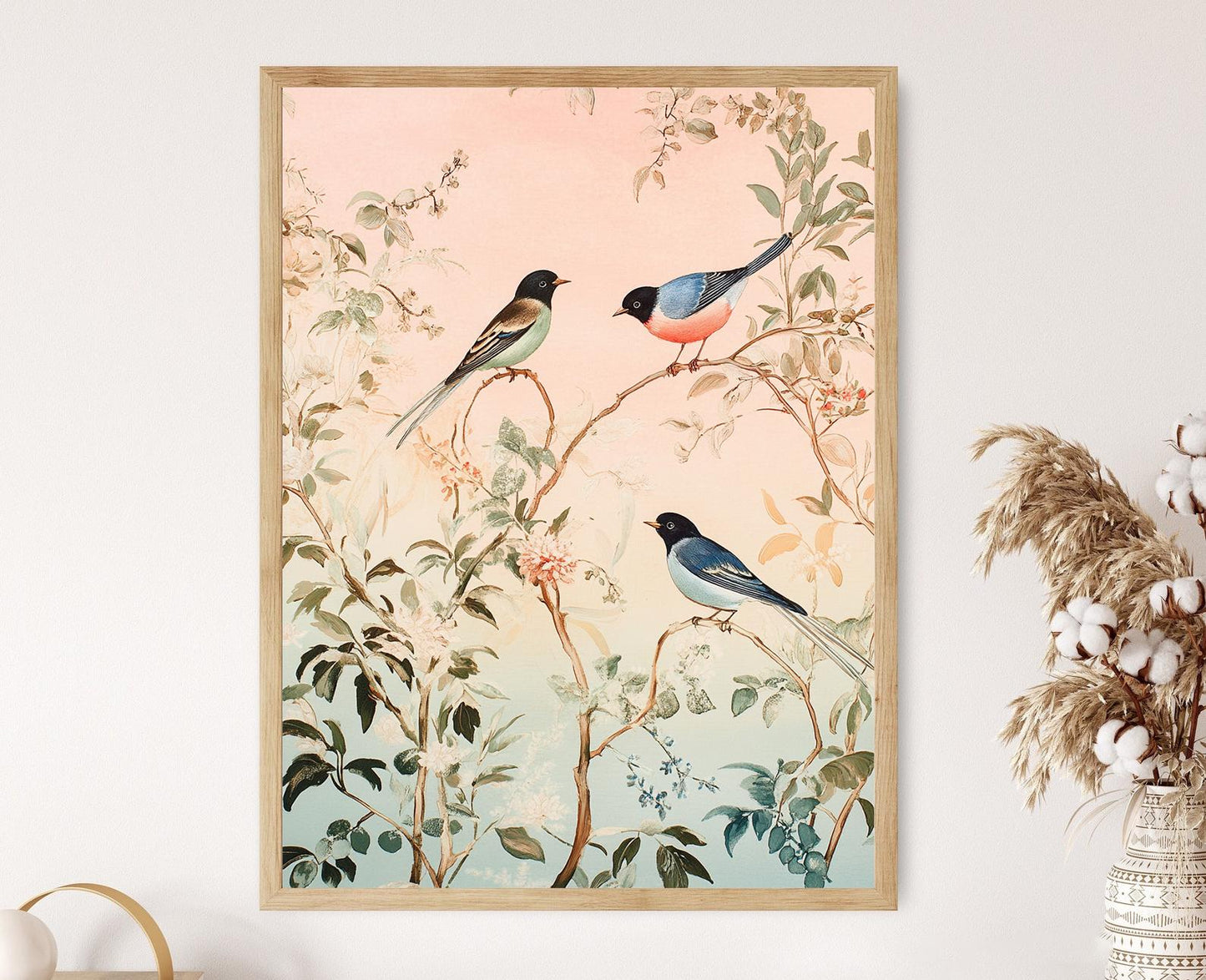 Affiche Chinoiserie – Impression d'oiseaux et feuillages pastel