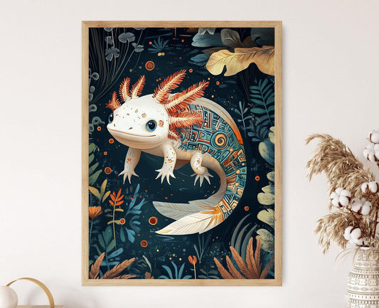 Affiche Axolotl Mexicain – Poster Art Aztec et Motifs Aquatiques