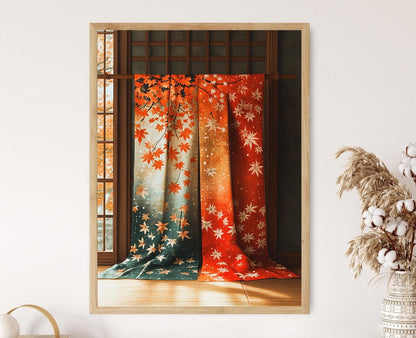 Affiche Furoshiki Japonaise – Poster Art de Feuille d'Erable et Flocon