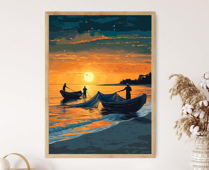 Affiche Pêcheurs Mozambicains – Illustration de Dhow au Lever du Soleil