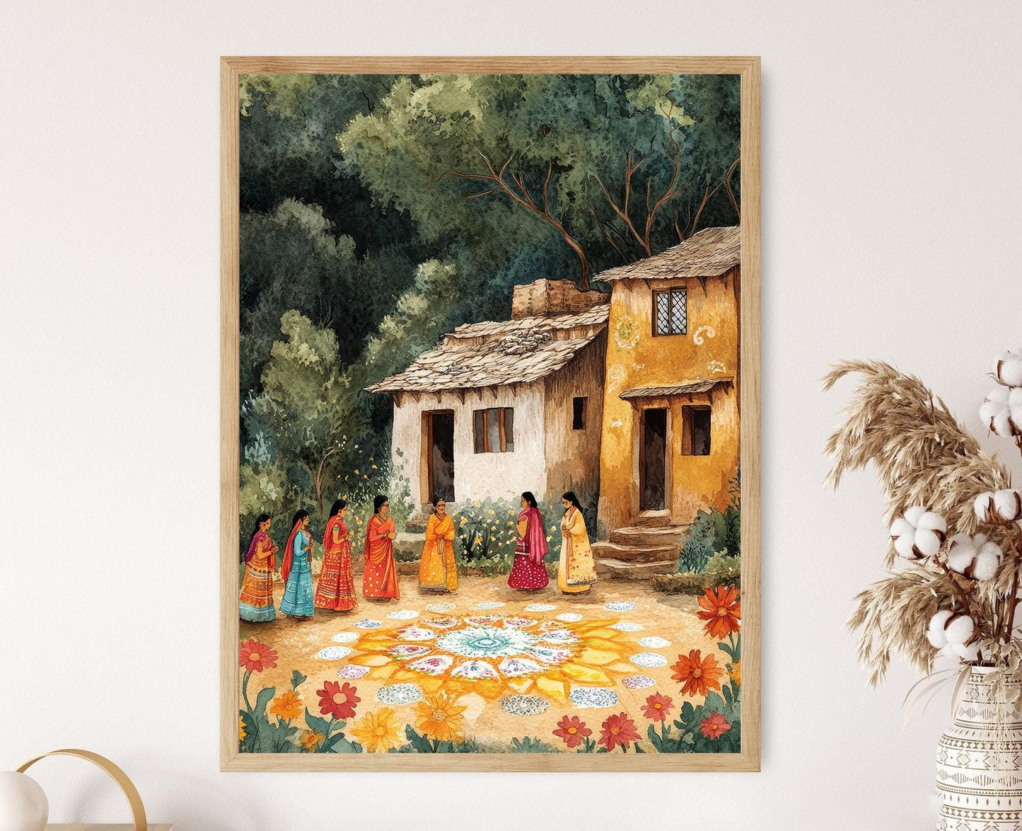 Affiche Art Gujarat – Poster Sari Bandhani et Hameaux Miroir