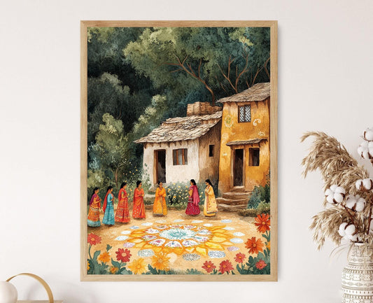 Affiche Art Gujarat – Poster Sari Bandhani et Hameaux Miroir