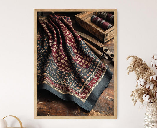 Affiche Art en Tissu Ajrak Pakistanais - Poster Géométrique Élégant